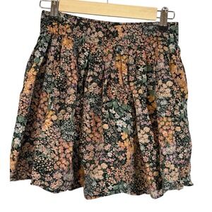 American Eagle Floral Mini Skirt Womens Small Black Cotton Linen Smocked 03593
